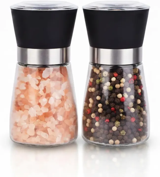 Salt & Pepper Grinder Set — 5.1 oz Refillable Glass Mills with Ceramic Adjuster